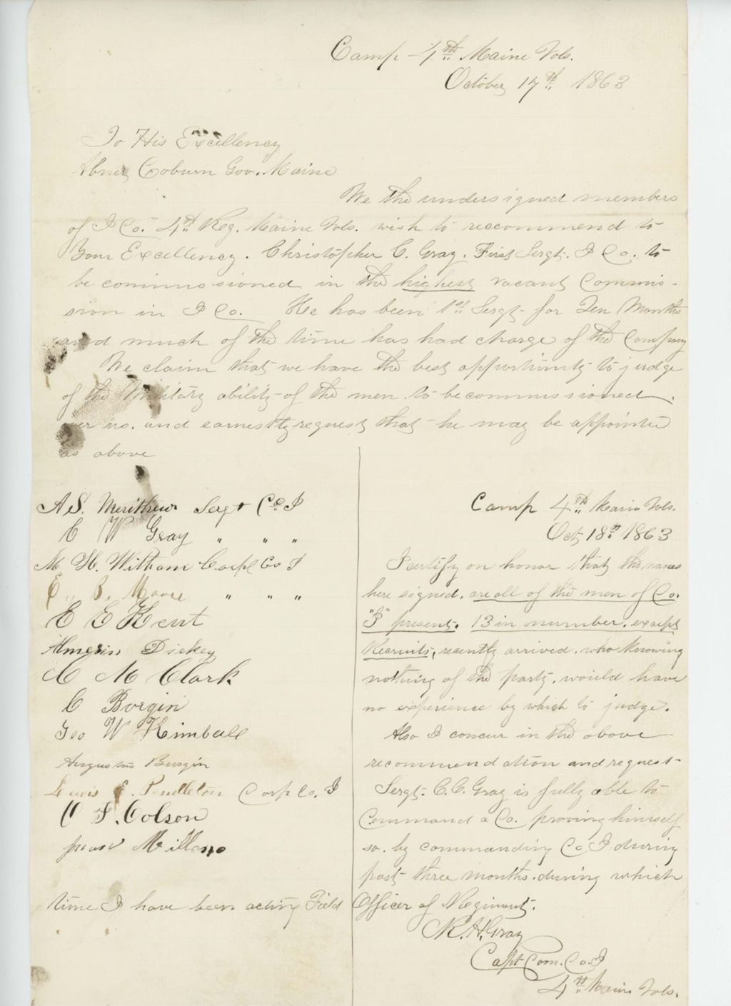 Miniature of Captain Robert H. Gray and other officers recommend promotion of Sergeant Christopher C. Gray