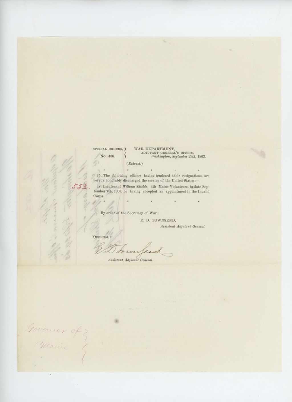 Miniature of Special Order 436 honorably discharging Lieutenant William Shields to accept a commission in the Invalid Corps