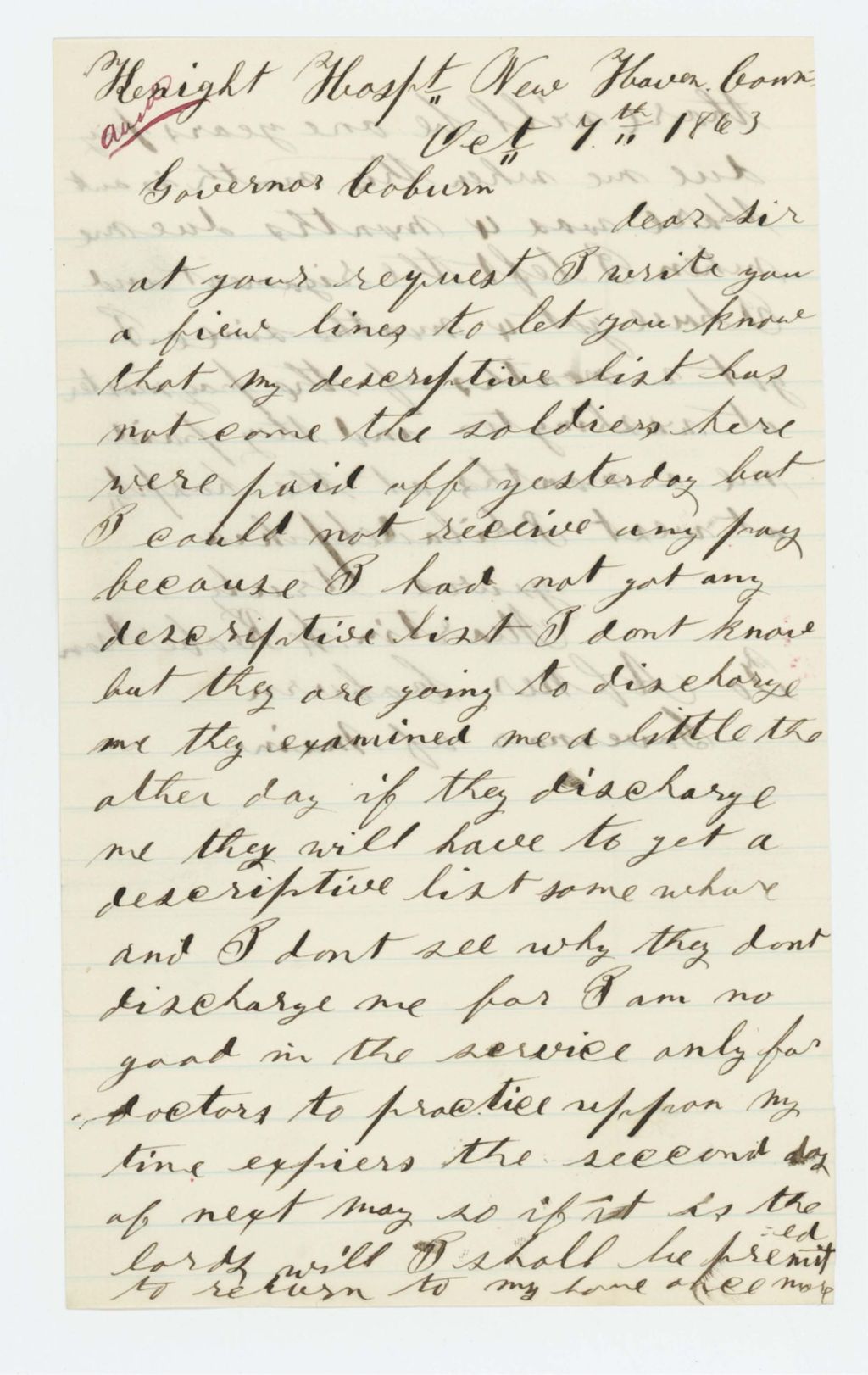 Miniature of Martin Robertson requests his descriptive list and pay from Governor Coburn