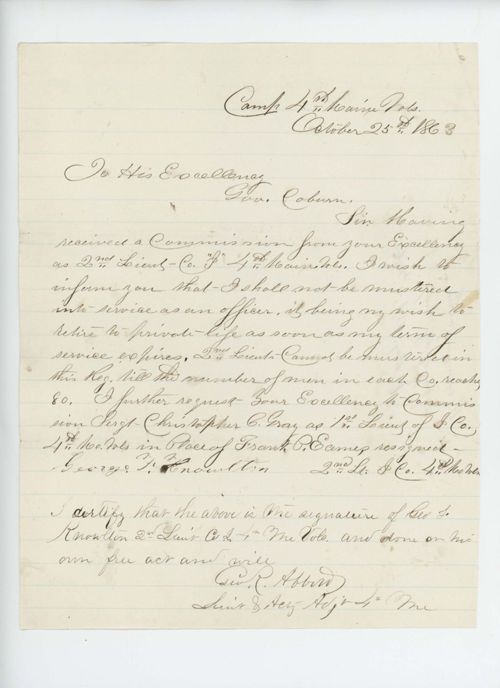 Miniature of Lieutenant George Knowlton declines his officer's commission as he wishes to retire to private life