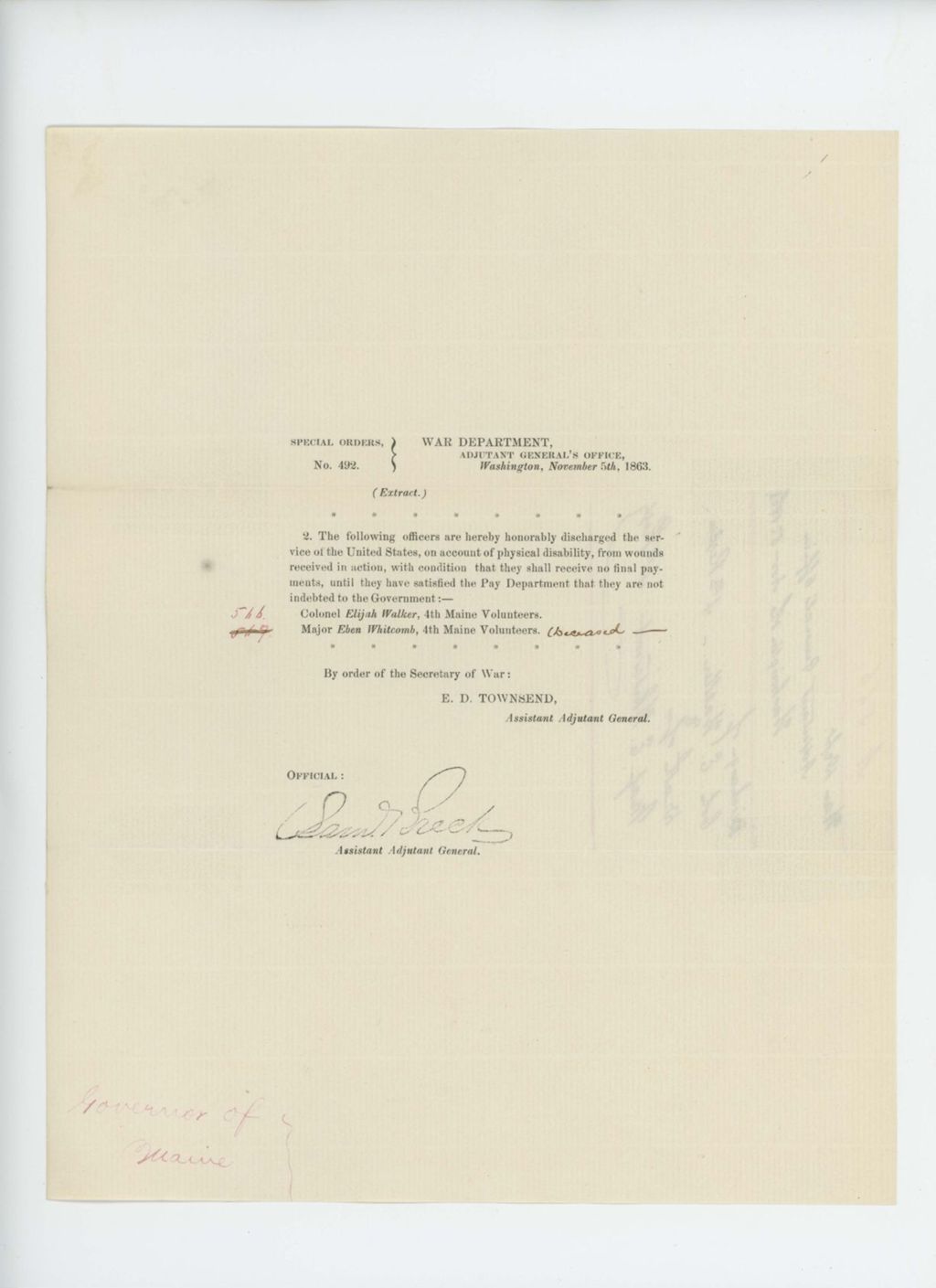 Miniature of Special Order 492 honorably discharging Colonel Elijah Walker and Major Eben Whitcomb (deceased) for wounds received in action
