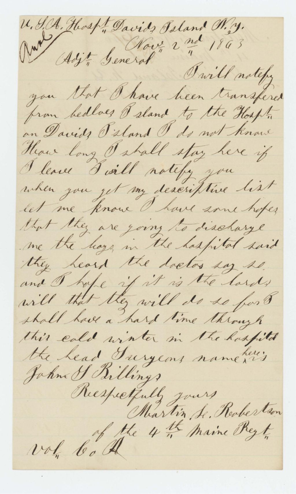 Miniature of Martin L. Robertson writes regarding his discharge from the hospital at Davids Island