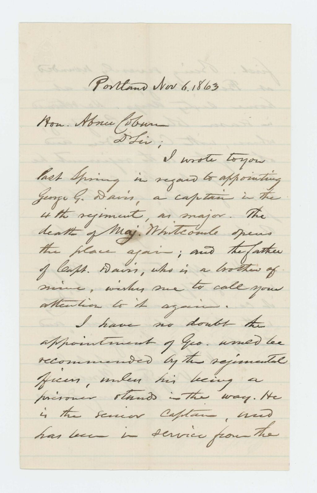 Miniature of Woodbury Davis writes Governor Coburn regarding promotion for George G. Davis
