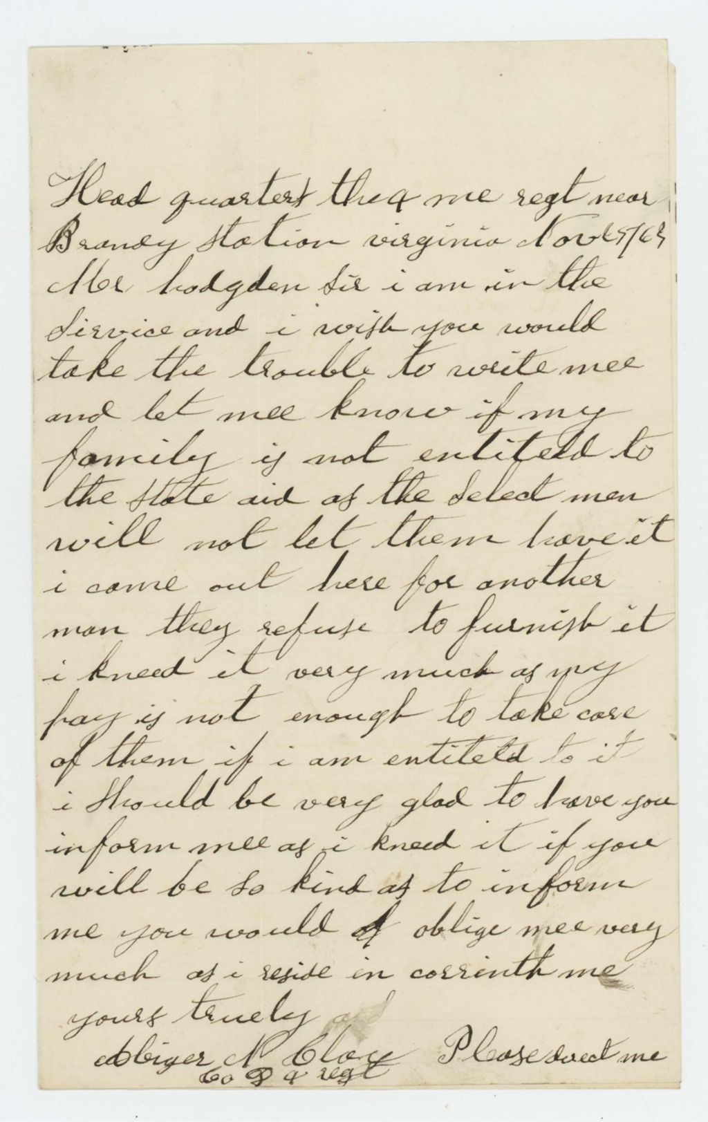 Miniature of Abijah N. Clay inquires about state aid for his family