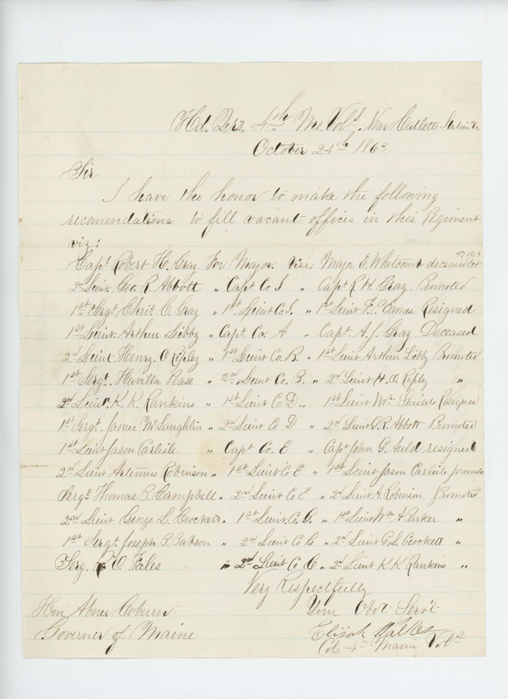 Miniature of Colonel Elijah Walker forwards his recommendations for promotions to Governor Coburn