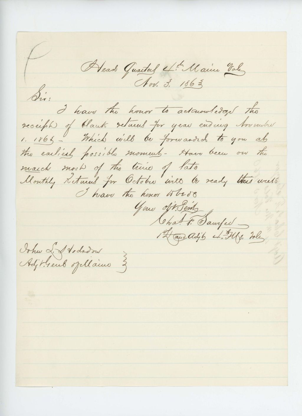 Miniature of Lieutenant Charles F. Sawyer acknowledges receipt of blank returns