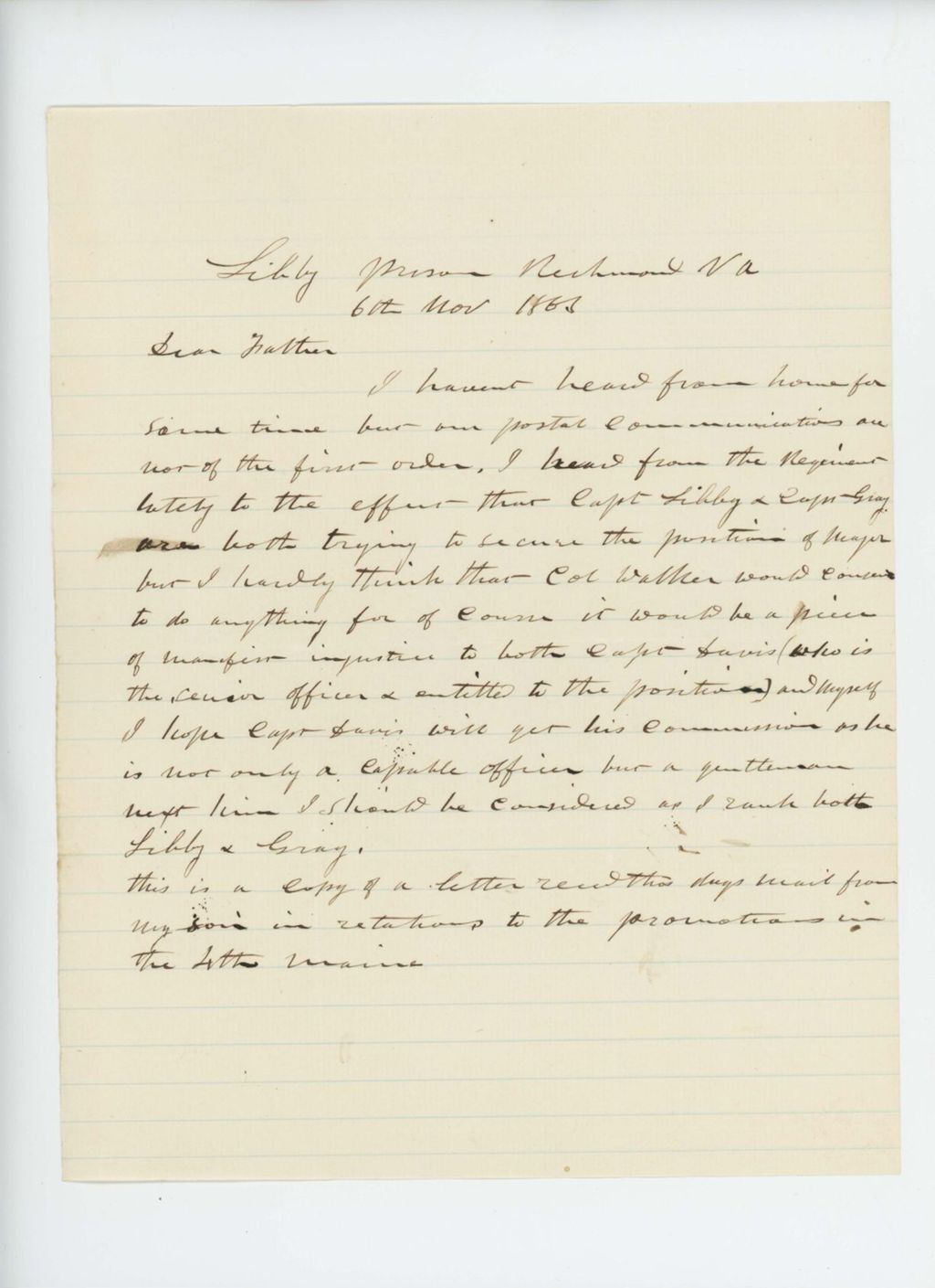 Miniature of Letter from Captain George Davis to his father from Libby Prison