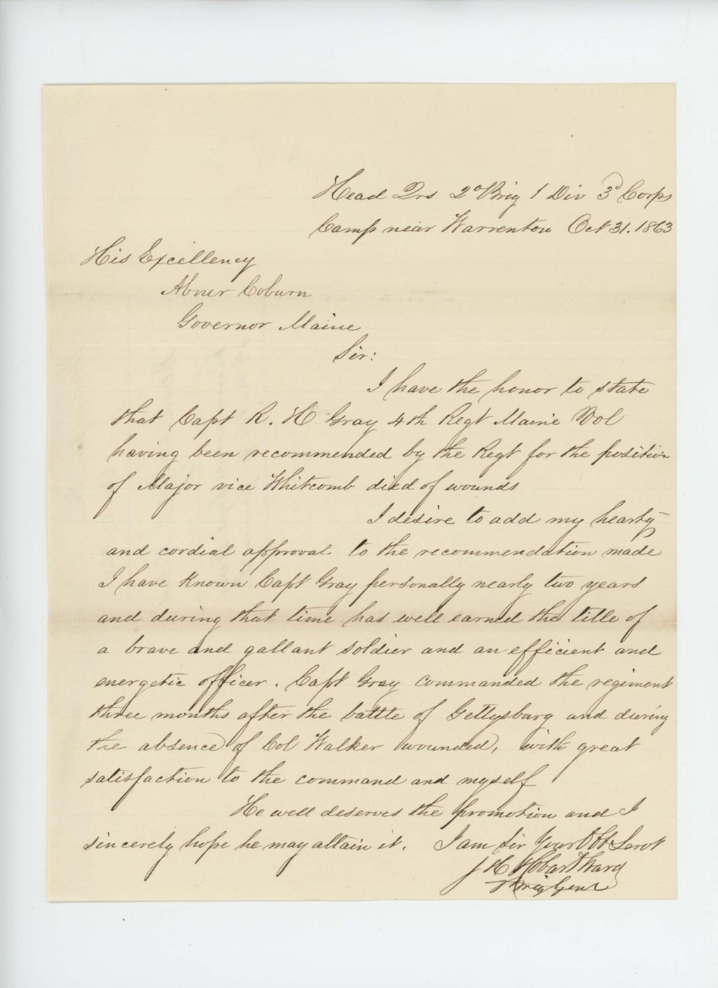 Miniature of General J.H. Hobart Ward recommends Captain Robert H. Gray for promotion to Major