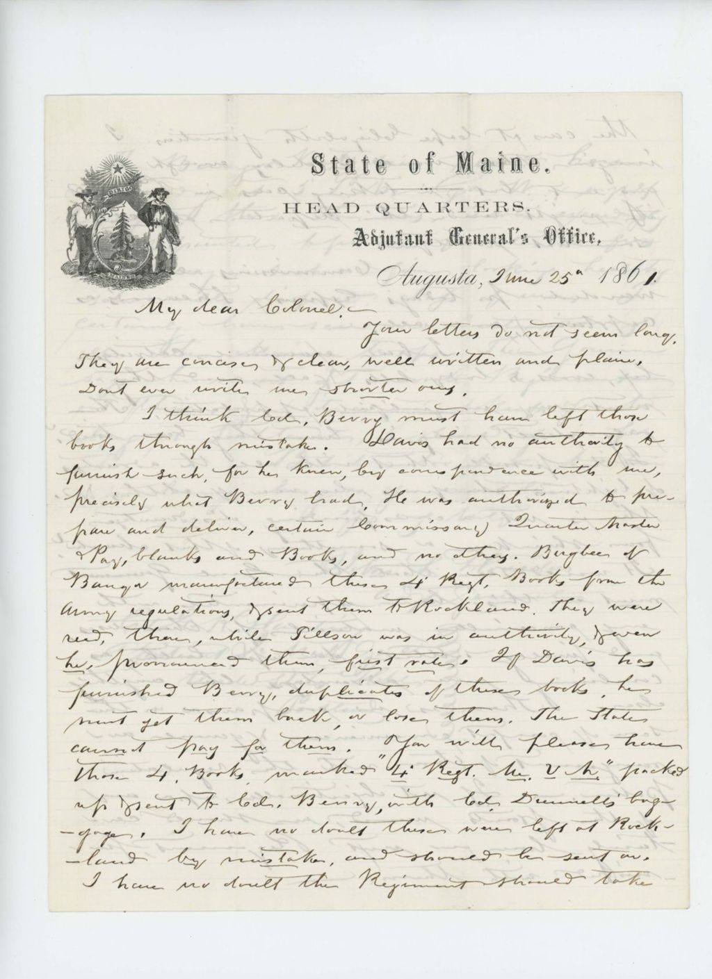 Miniature of Adjutant General Hodsdon writes Colonel E.K. Harding regarding errors