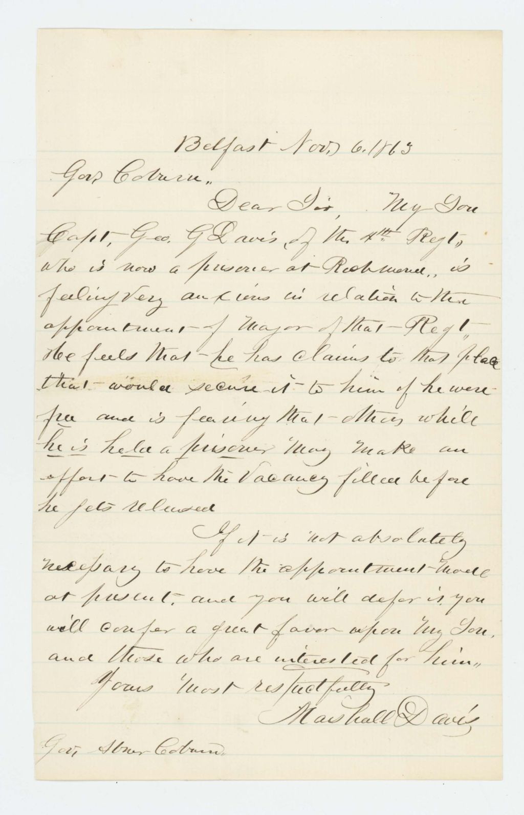 Miniature of Marshall Davis inquires about a commission for his son Captain George G. Davis, imprisoned at Richmond