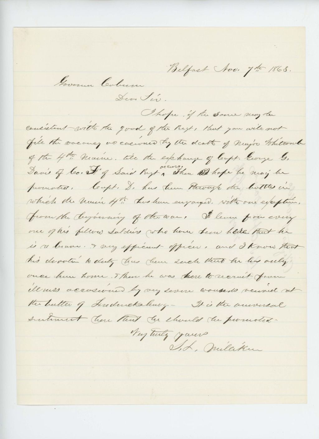 Miniature of S. Milliken requests that Captain Davis be promoted upon his return from Libby Prison
