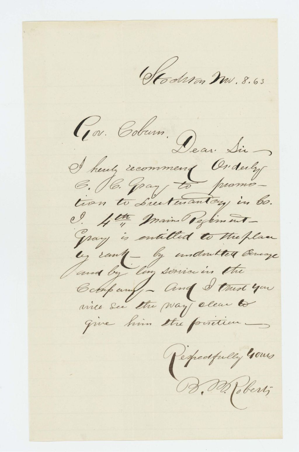 Miniature of B.M Roberts recommends Orderly Sergeant C. Gray for promotion