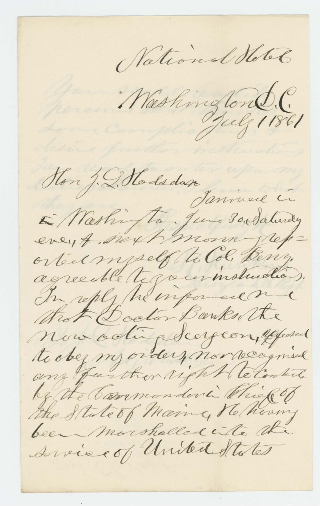 Miniature of Dr. S.C. Hunkins reports that Dr. Banks refuses to give up post as acting surgeon and will not respond to Governor's orders