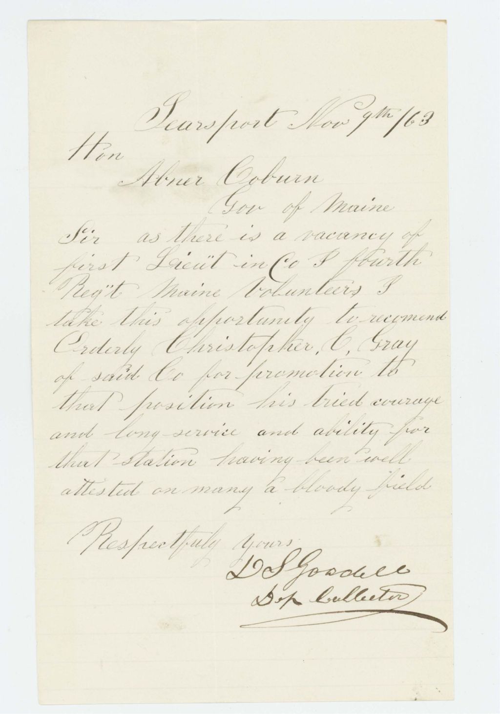 Miniature of D.S. Goodell recommends Orderly Christopher C. Gray for promotion