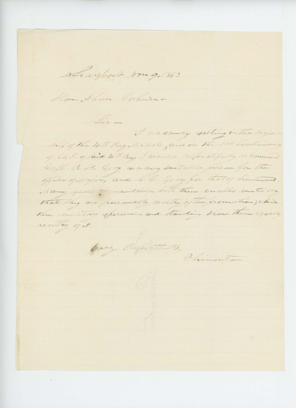 Miniature of P. Simonton recommends Captain Robert Gray for promotion