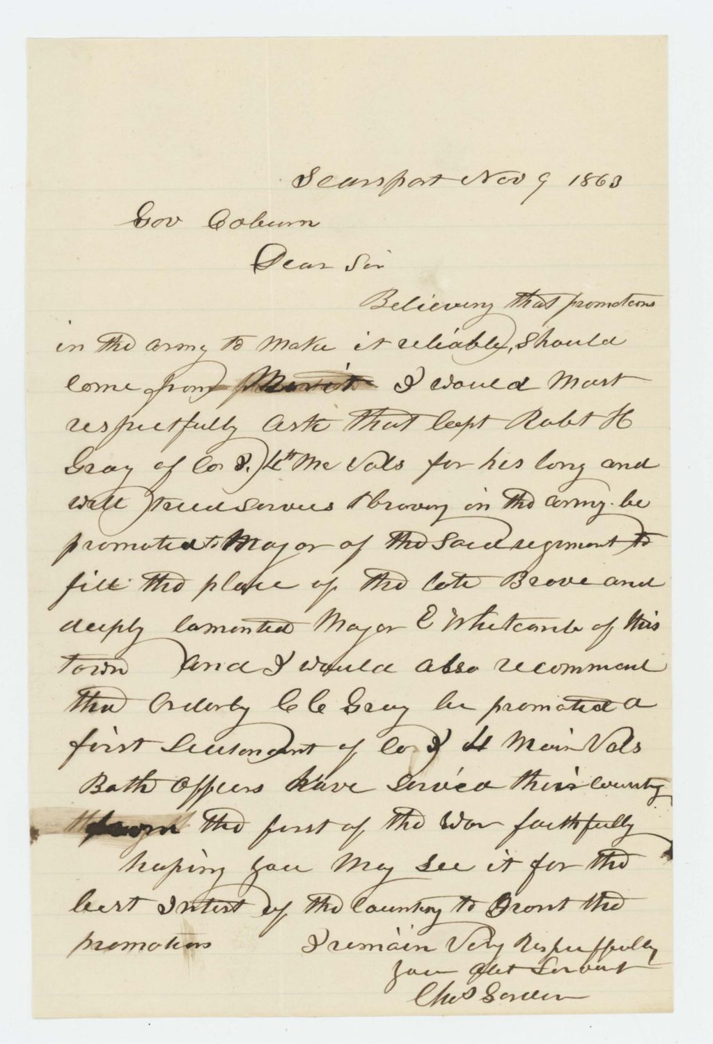 Miniature of Letter requesting promotion of Captain Robert Gray