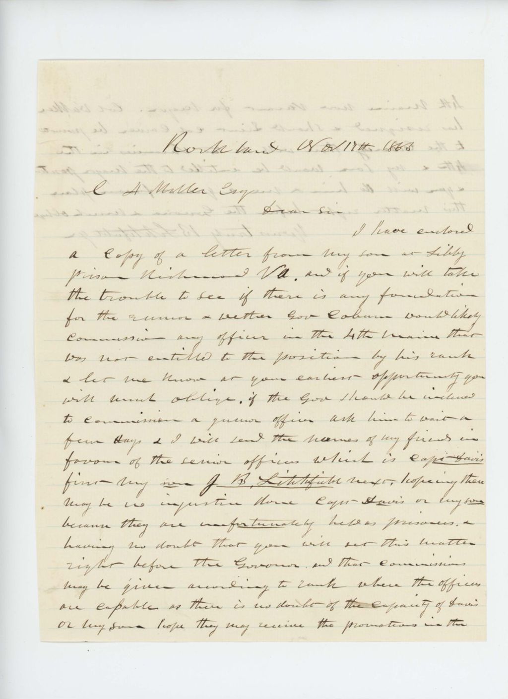 Miniature of B. Litchfield writes C.A. Miller regarding a letter from his son at Libby Prison