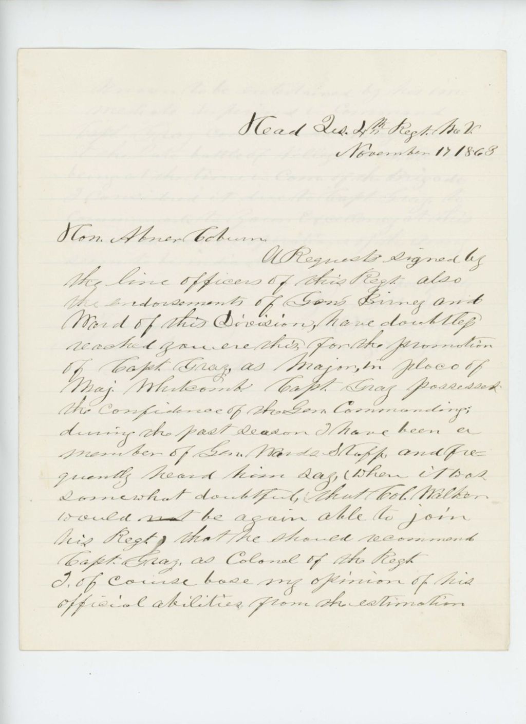 Miniature of Dr. S.C. Hunkins writes Governor Coburn regarding promotion of Captain Robert Gray in place of Major Whitcomb