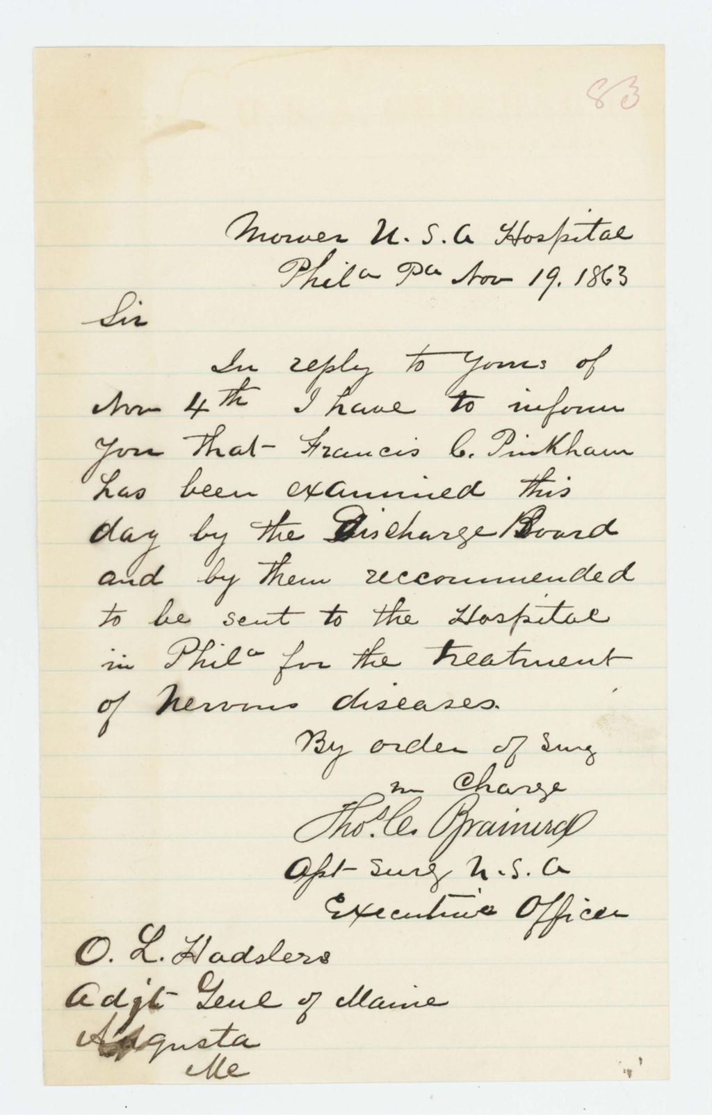Miniature of Assistant Surgeon Thomas Brainerd recommends discharge and treatment of Francis Pinkham for nervous diseases