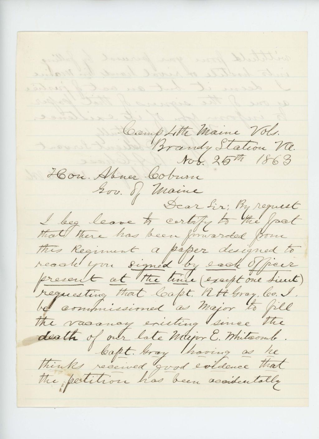 Miniature of Chaplain B.A. Chase informs Governor Coburn that a petition on behalf of Captain Robert Gray may have been maliciously withheld