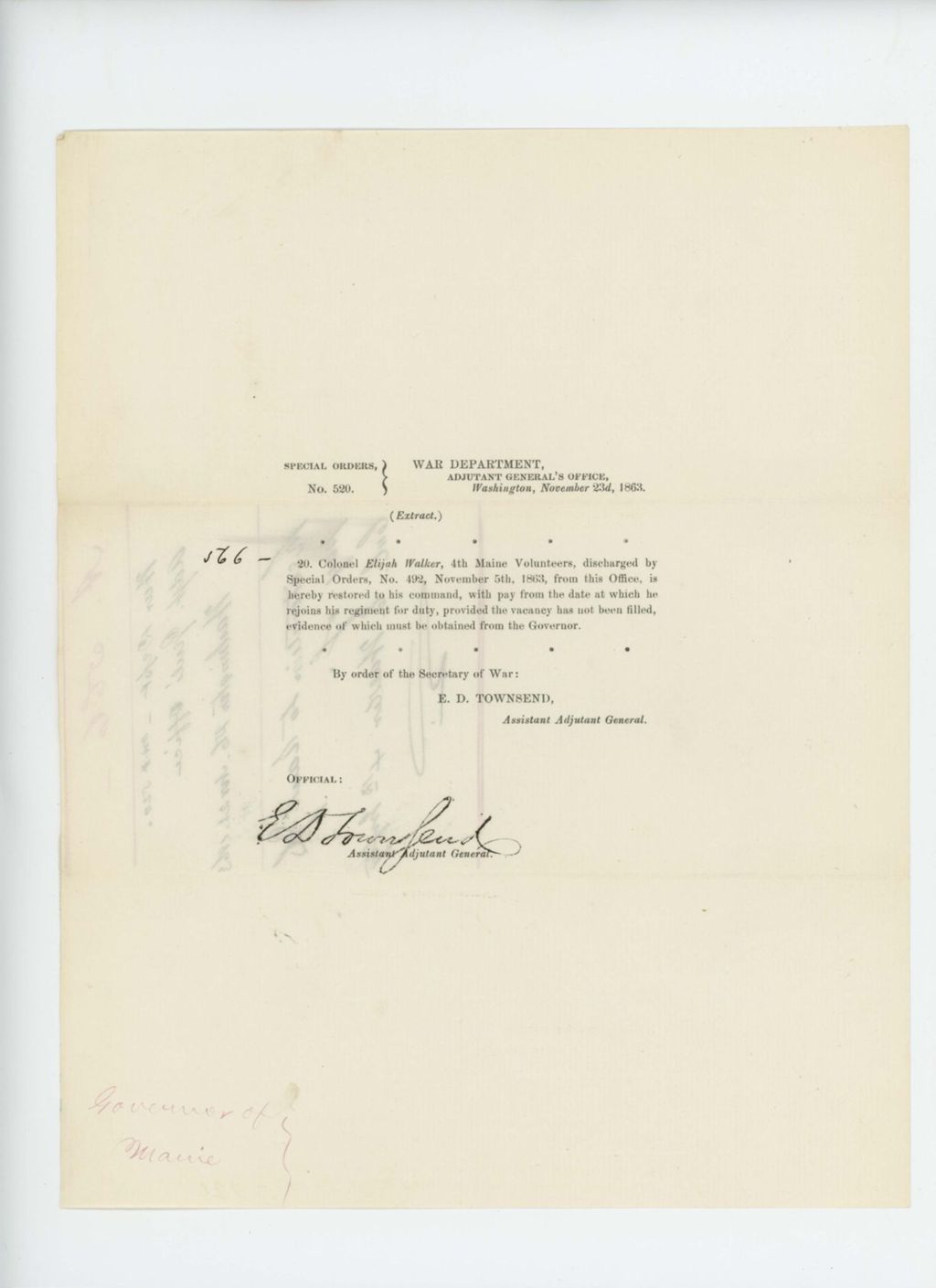 Miniature of Special Order 520 restoring Colonel Elijah Walker to his command