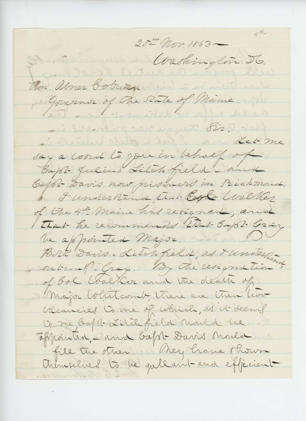 Miniature of Samuel Fessenden writes Governor Coburn recommending Captains Davis and Litchfield for promotion