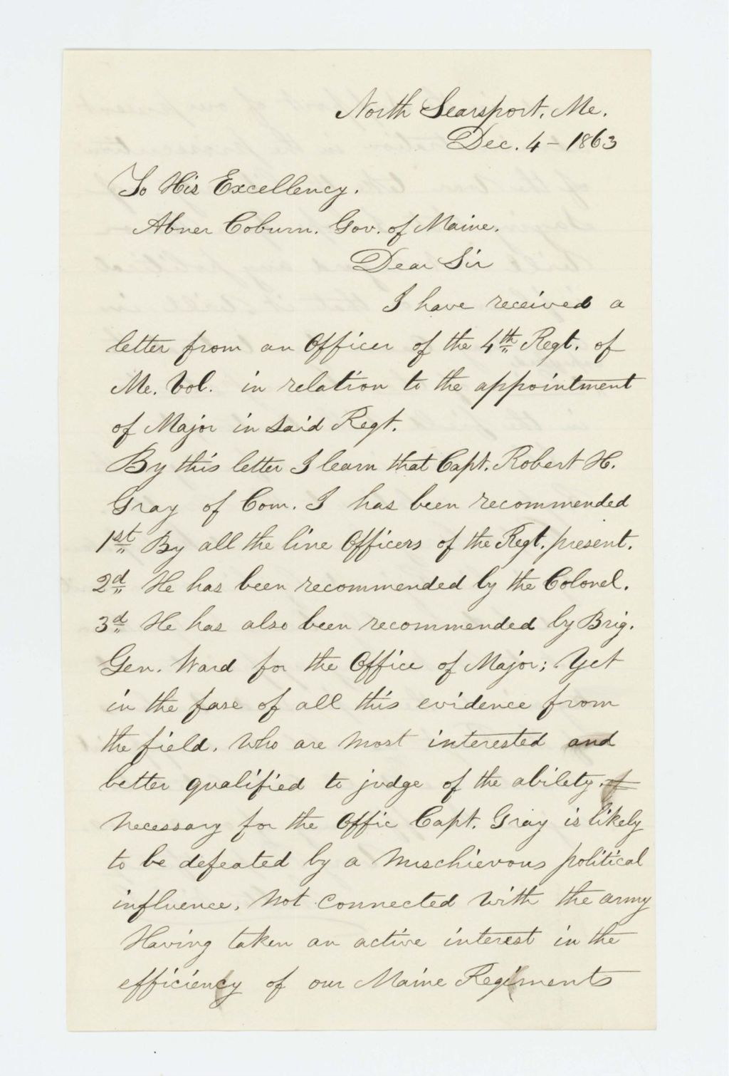 Miniature of Walter Nichols writes Governor Coburn urging the promotion of Captain Gray