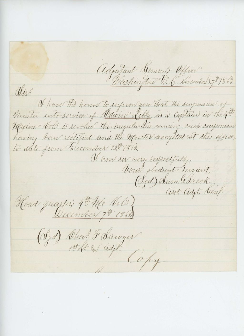 Miniature of Assistant Adjutant General Samuel G. Breck revokes suspension of muster of Edwin Libby as Captain