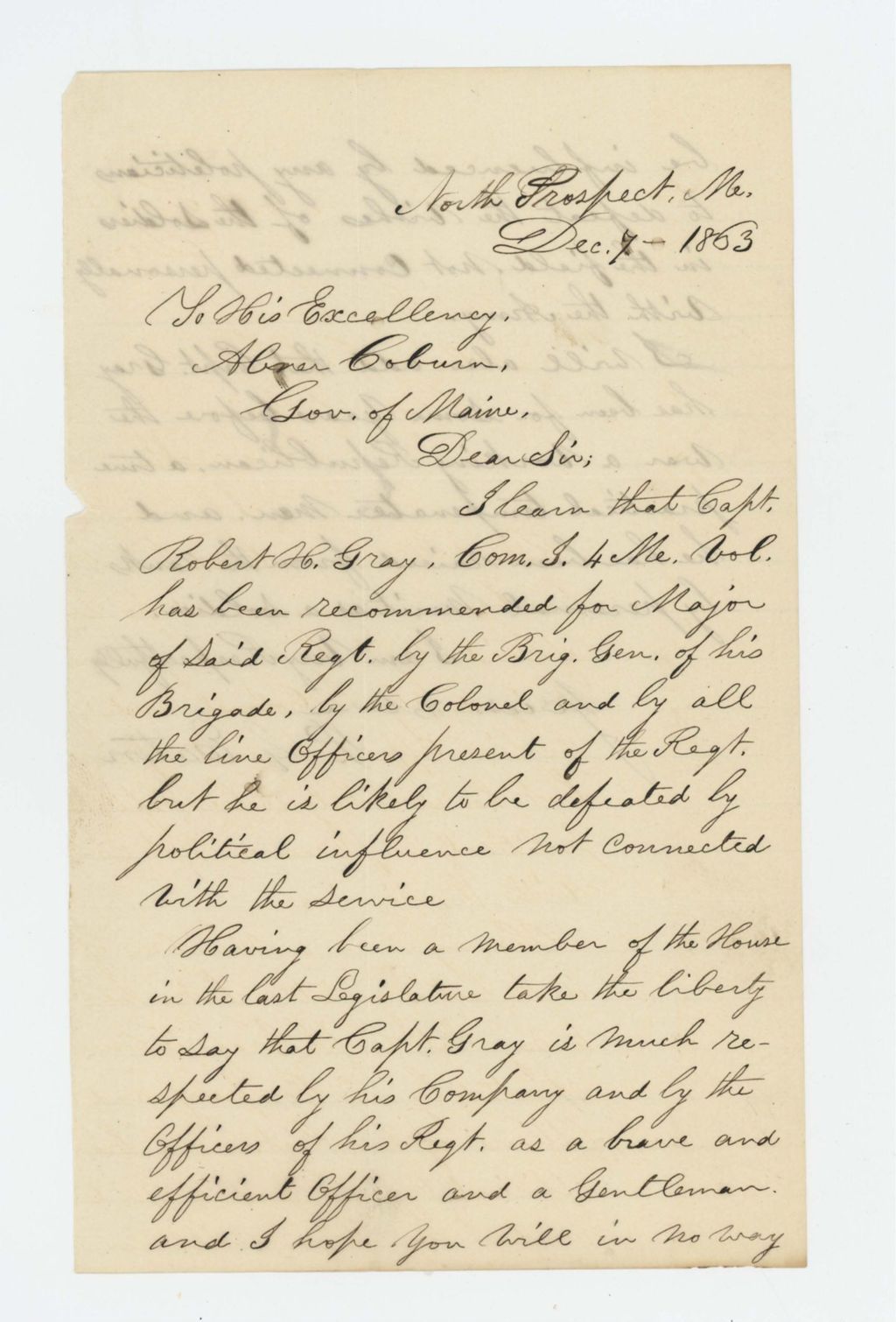 Miniature of Representative P.G. Eaton recommends Captain Gray for promotion, concerned he will be defeated by "political influence"