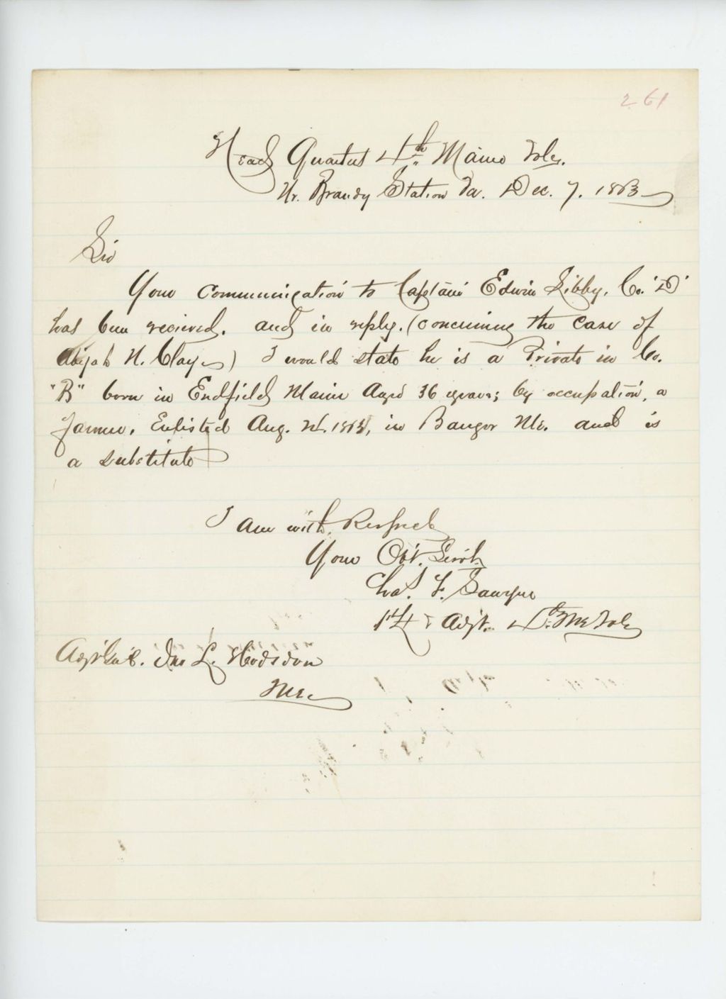 Miniature of Lieutenant Charles F. Sawyer replies to Adjutant General Hodsdon regarding cases of Edwin Libby and Abijah Clay