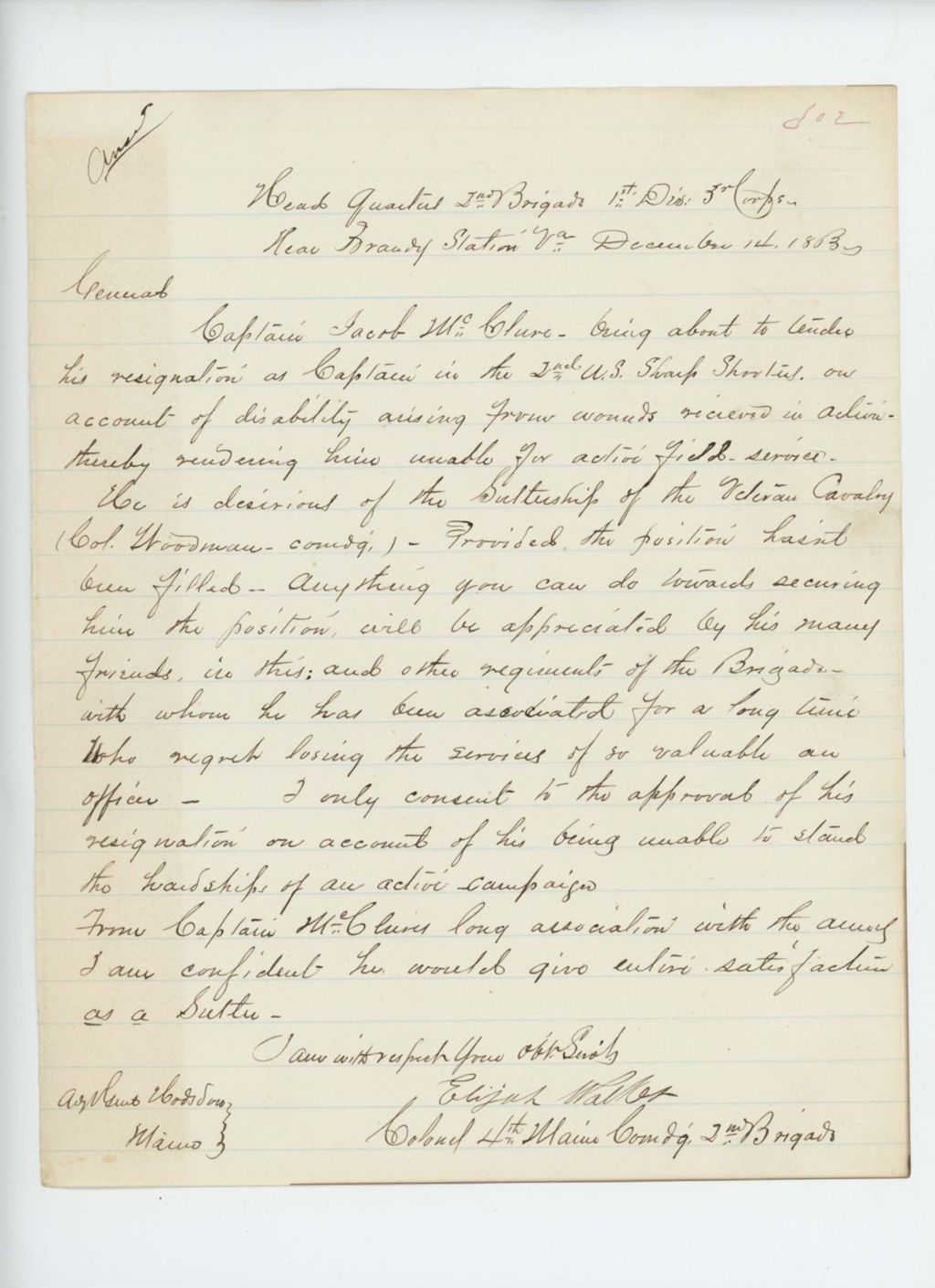 Miniature of Colonel Elijah Walker recommends Captain Jacob McClure for position as sutler