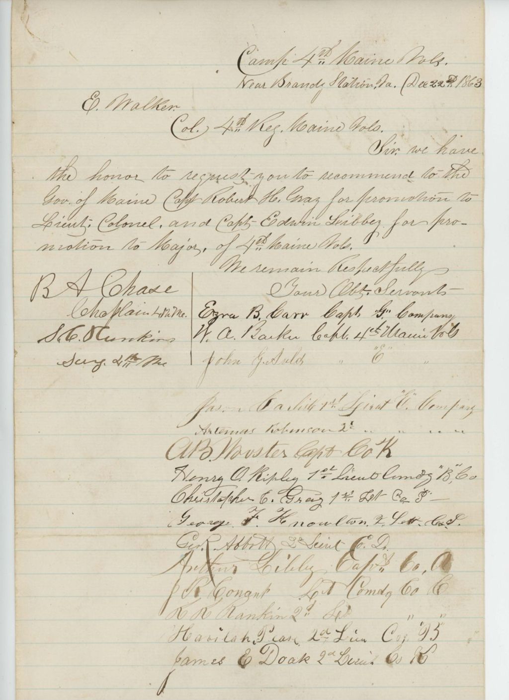 Miniature of Captain Ezra B. Carr and other officers recommend promotion of Captain Robert H. Gray and Captain Edwin Libby