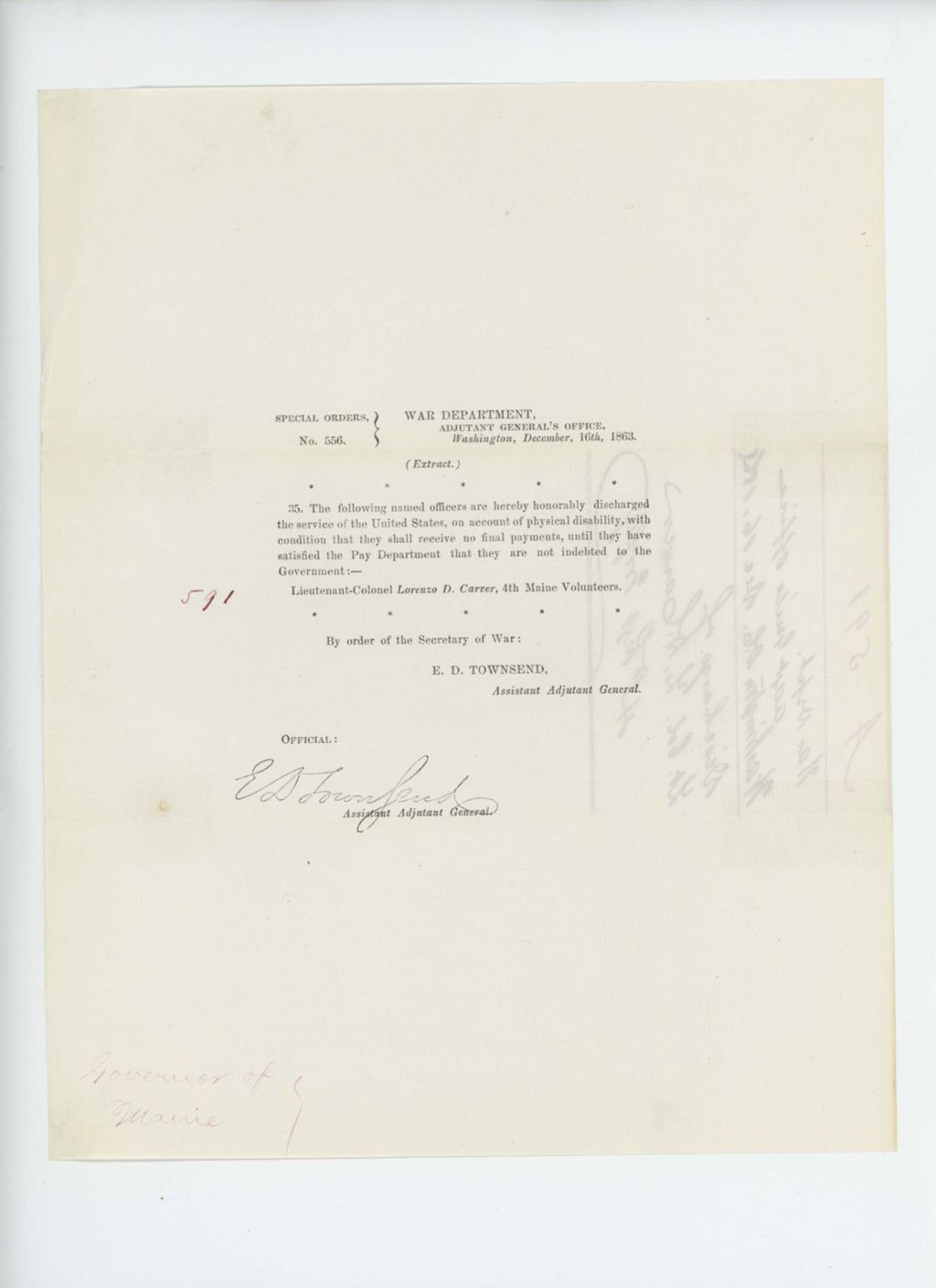 Miniature of Special Order 556 honorably discharging Lieutenant Colonel Lorenzo D. Carver for disability
