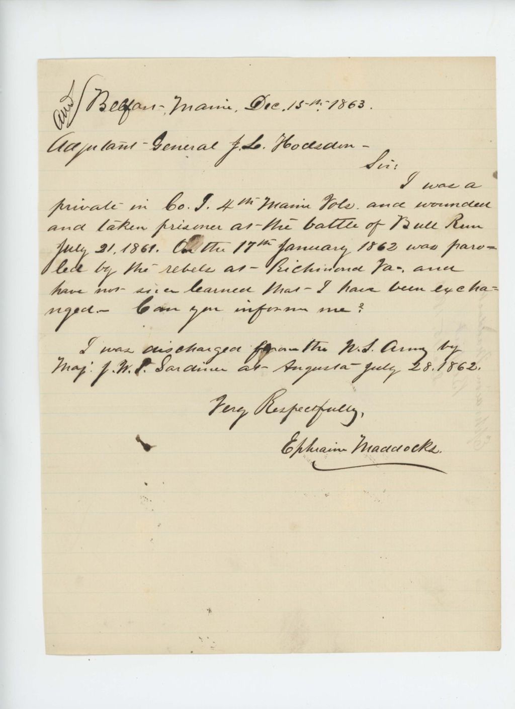 Miniature of Ephraim Maddocks inquires about his status as exchanged prisoner