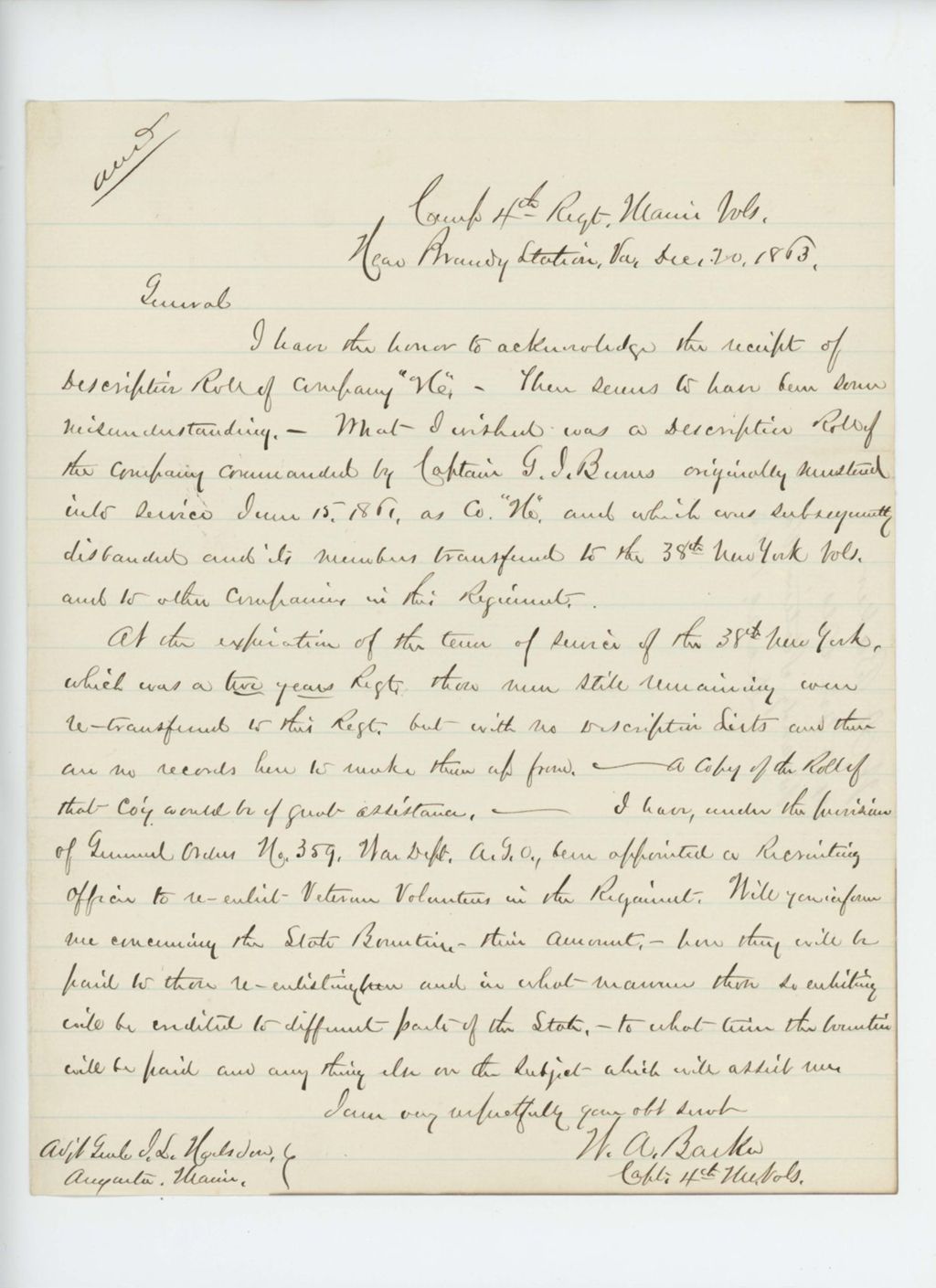 Miniature of Captain W. A. Barker requests a descriptive roll for men transferred from the 38th New York Regiment