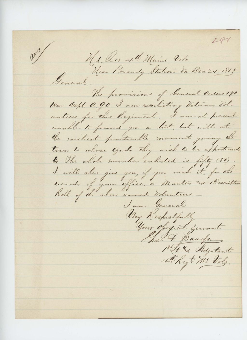 Miniature of 1863-12  Charles F. Sawyer notifies Adjutant General Hodsdon that he is re-enlisting veteran volunteers for the regiment