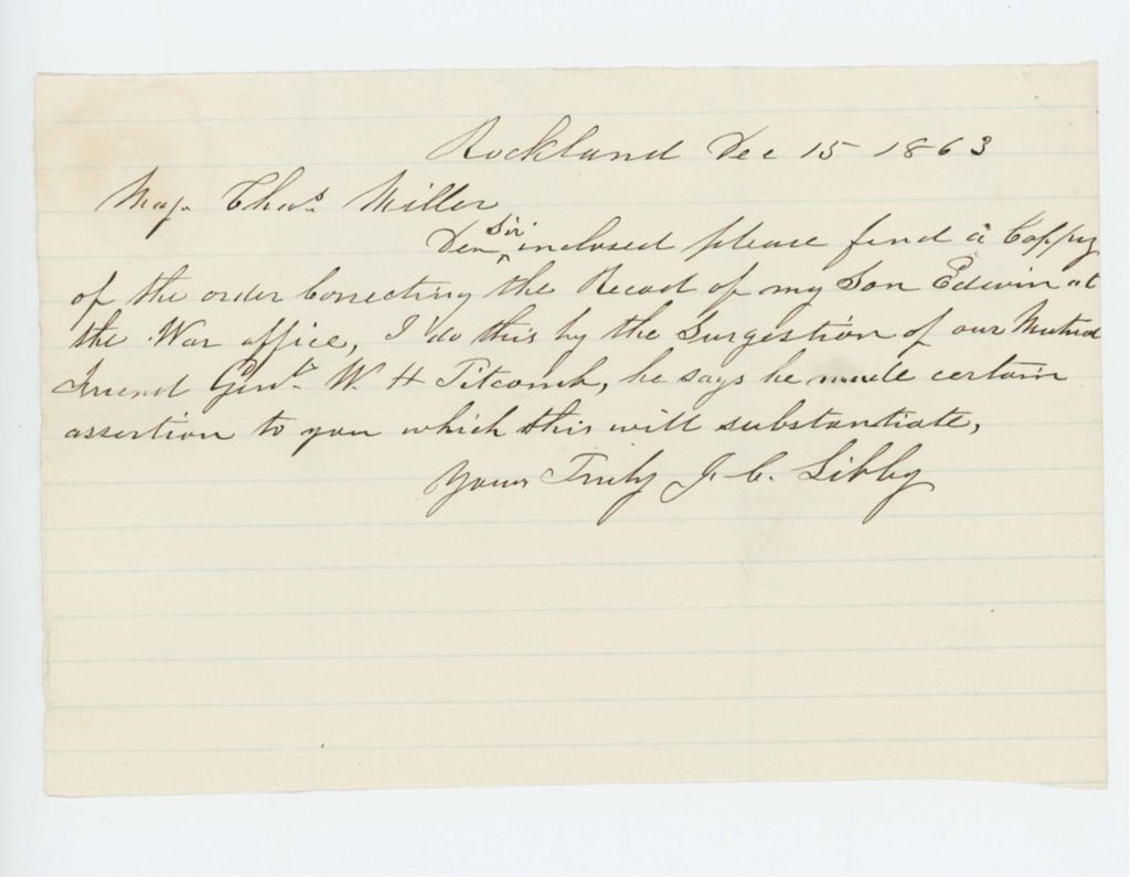 Miniature of J. Libby writes Major Charles Miller regarding his son Edwin
