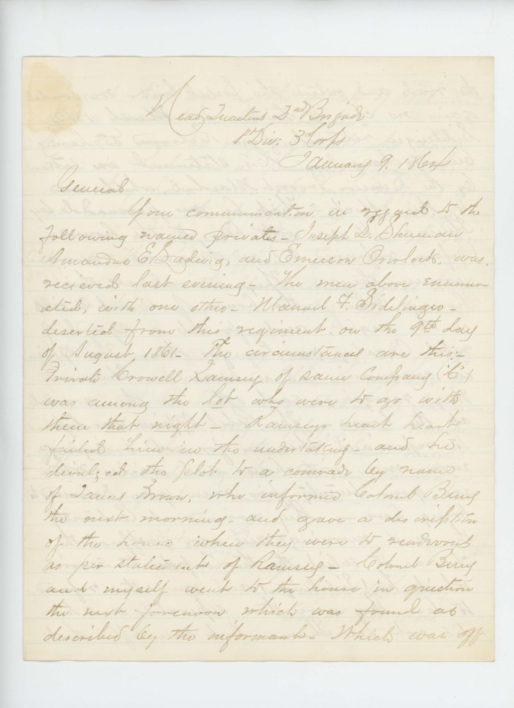 Miniature of Colonel Elijah Walker writes regarding deserters Joseph Sherman, Amandus Ludwig, and Emerson Overlock