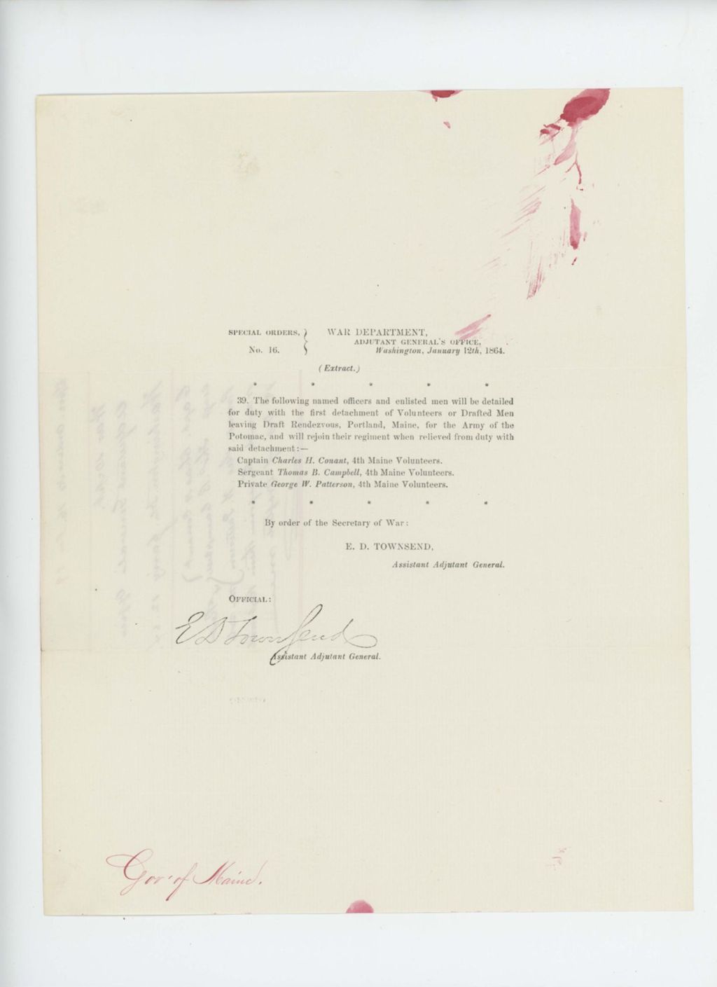 Miniature of Special Order 16 regarding detachment of Captain Charles Conant, Sergeant Thomas Campbell, and Private George Patterson