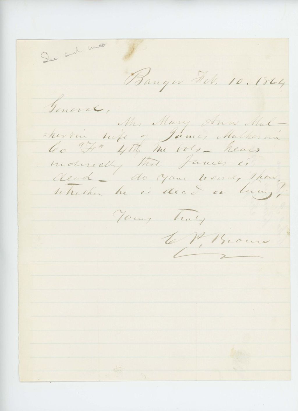 Miniature of C.P. Brown inquires if James Mulherrin is dead