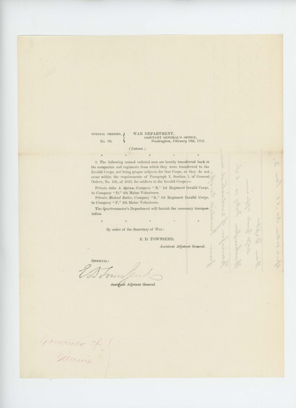 Miniature of Special Order 66 transferring ineligible men out of the Invalid Corps