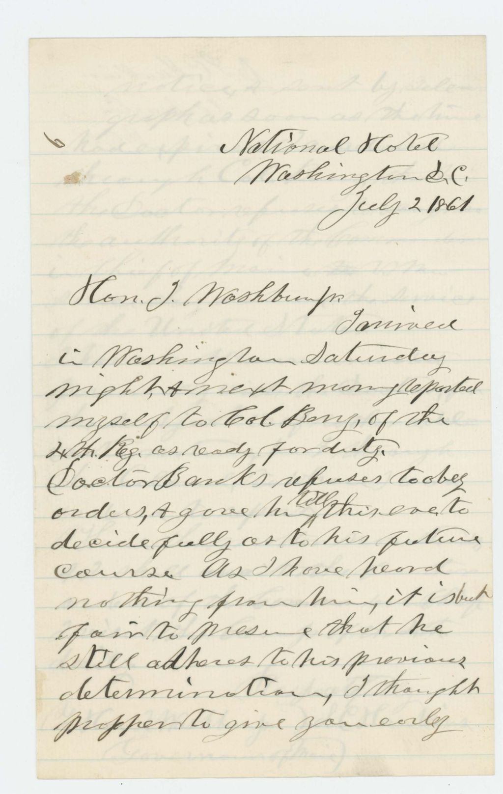 Miniature of Dr. S.C. Hunkins requests assistance from Governor Washburn regarding refusal of W.A. Banks to obey orders