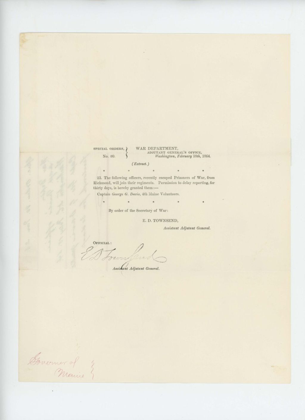 Miniature of Special Order 80 gives permission for recently escaped prisoner of war George G. Davis to rejoin the regiment