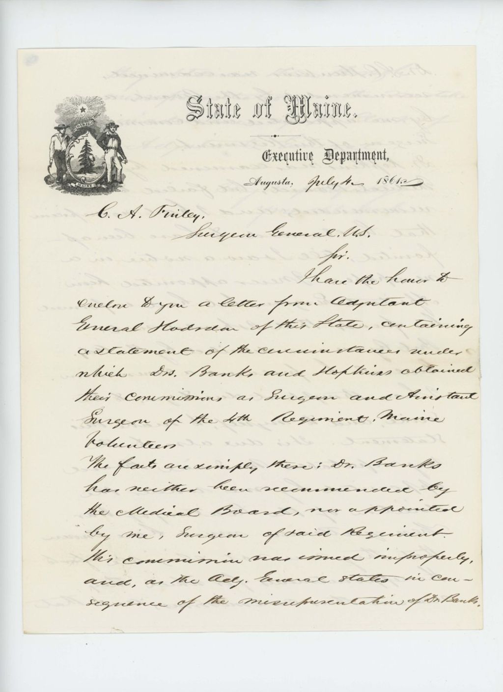 Miniature of Copy of letter from Governor Washburn to United States Surgeon General C.A. Finley regarding Banks and Hunkins