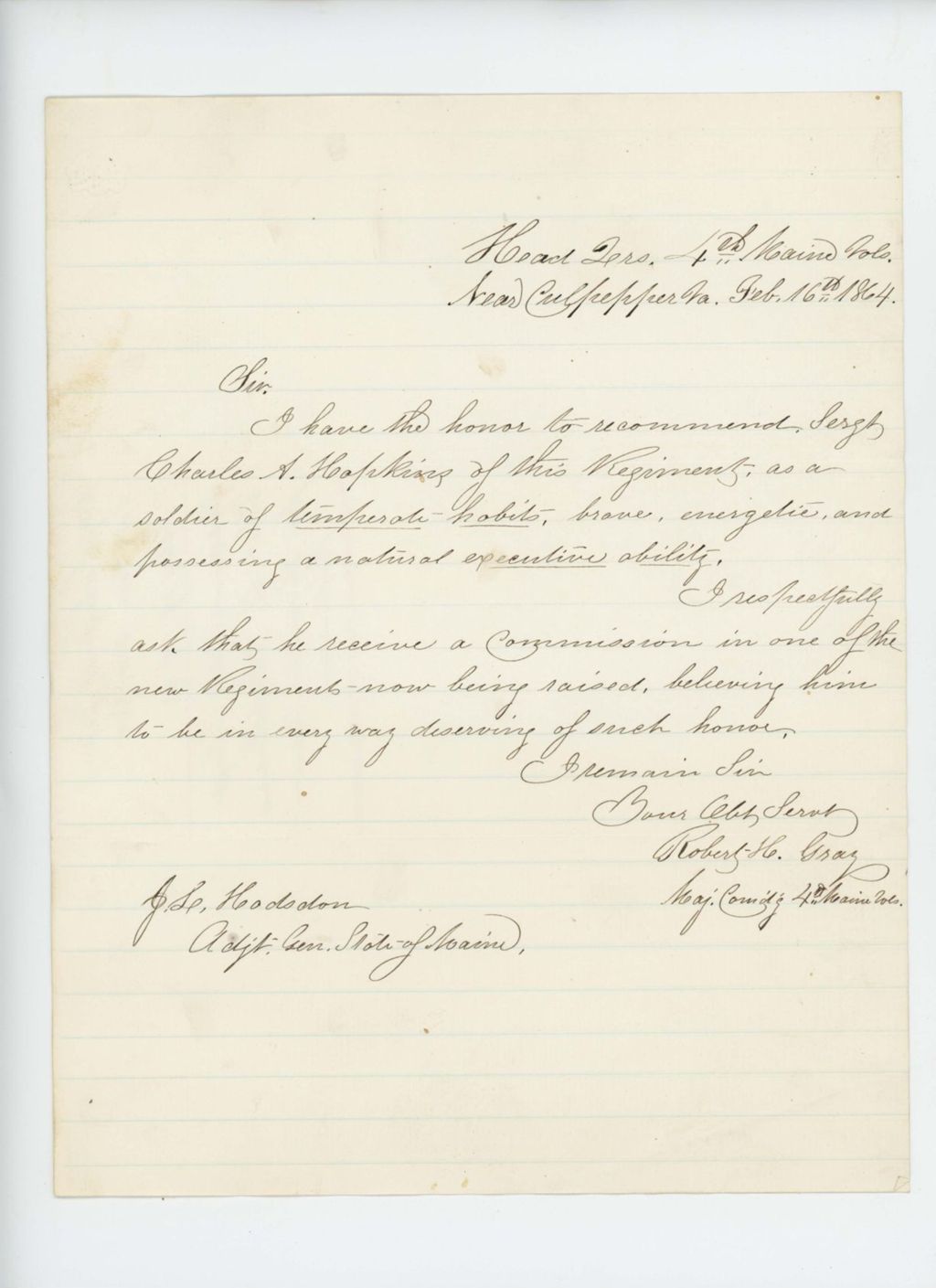 Miniature of Major Robert H. Gray recommends Charles A. Hopkins for a commission in a new regiment