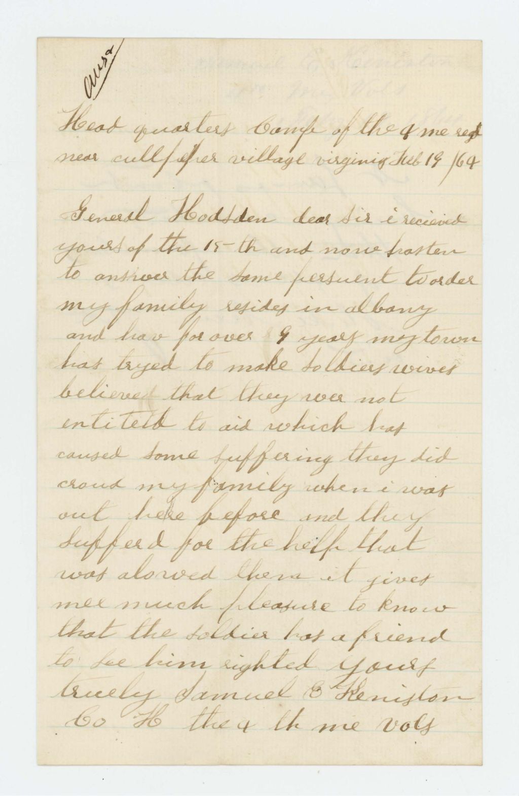 Miniature of Samuel E. Keniston requests aid for his family