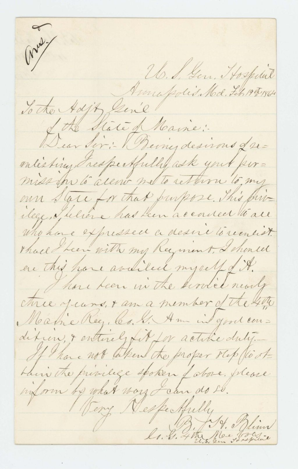 Miniature of B.H. Blinn requests permission to return to Maine to re-enlist