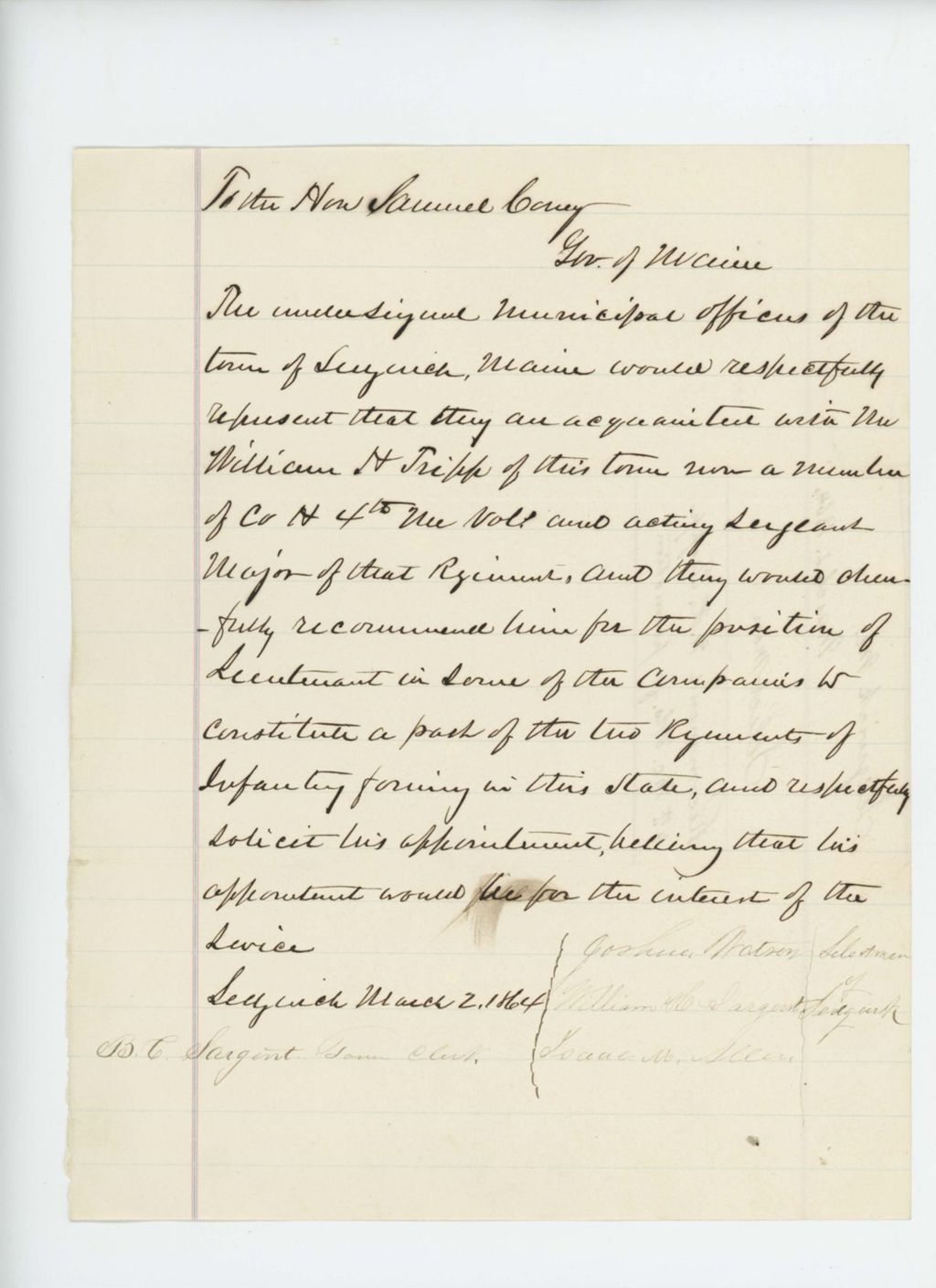 Miniature of Joshua Watson and other selectmen of Sedgewick recommend William H. Tripp for promotion