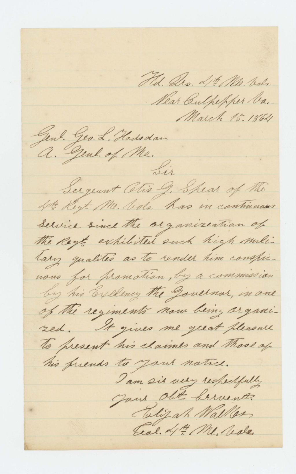 Miniature of Colonel Elijah Walker recommends Sergeant Otis Spear for promotion to a new regiment