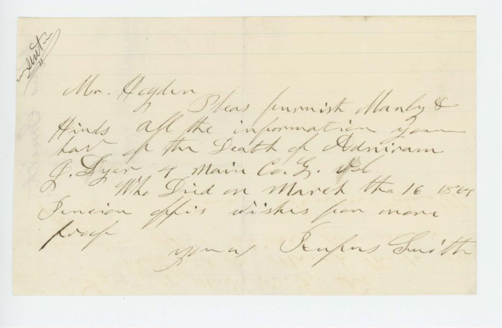 Miniature of Rufus Smith requests information on the death of Adniram Dyer